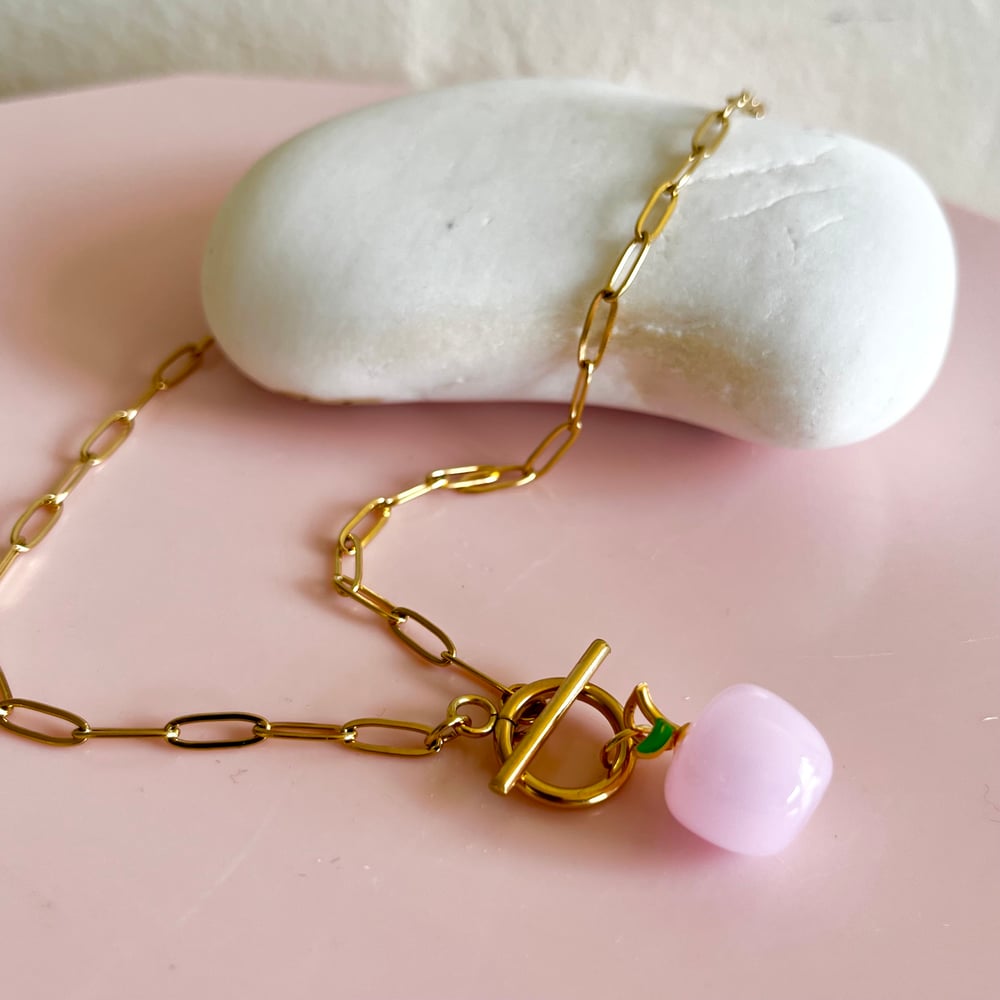 Image of Pink Apple Necklace on Paperclip Chain