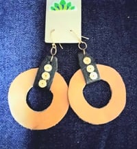 Image 1 of Brown and beige round leather earrings 