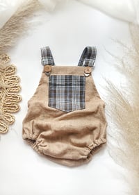 Image 1 of Baby Boy Dungarees for Sitter Photo shoots | Oscar | age 9-12 months |beige | brown small plaid