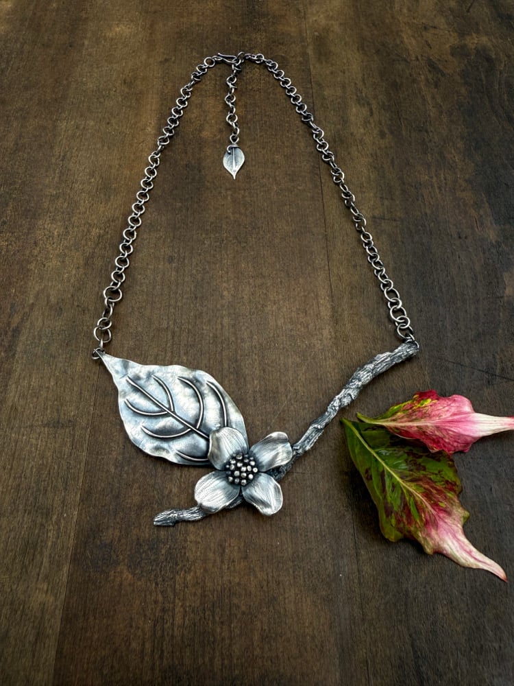 Image of Dogwood Flower Leaf Branch Necklace Handmade Chain