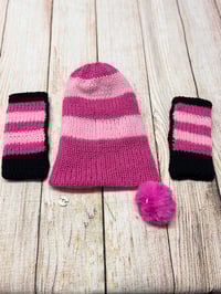 Image 2 of 4 in 1 Hat & Handwarmer Set, Size S (Teen -Small Adult) Pink, Black & White