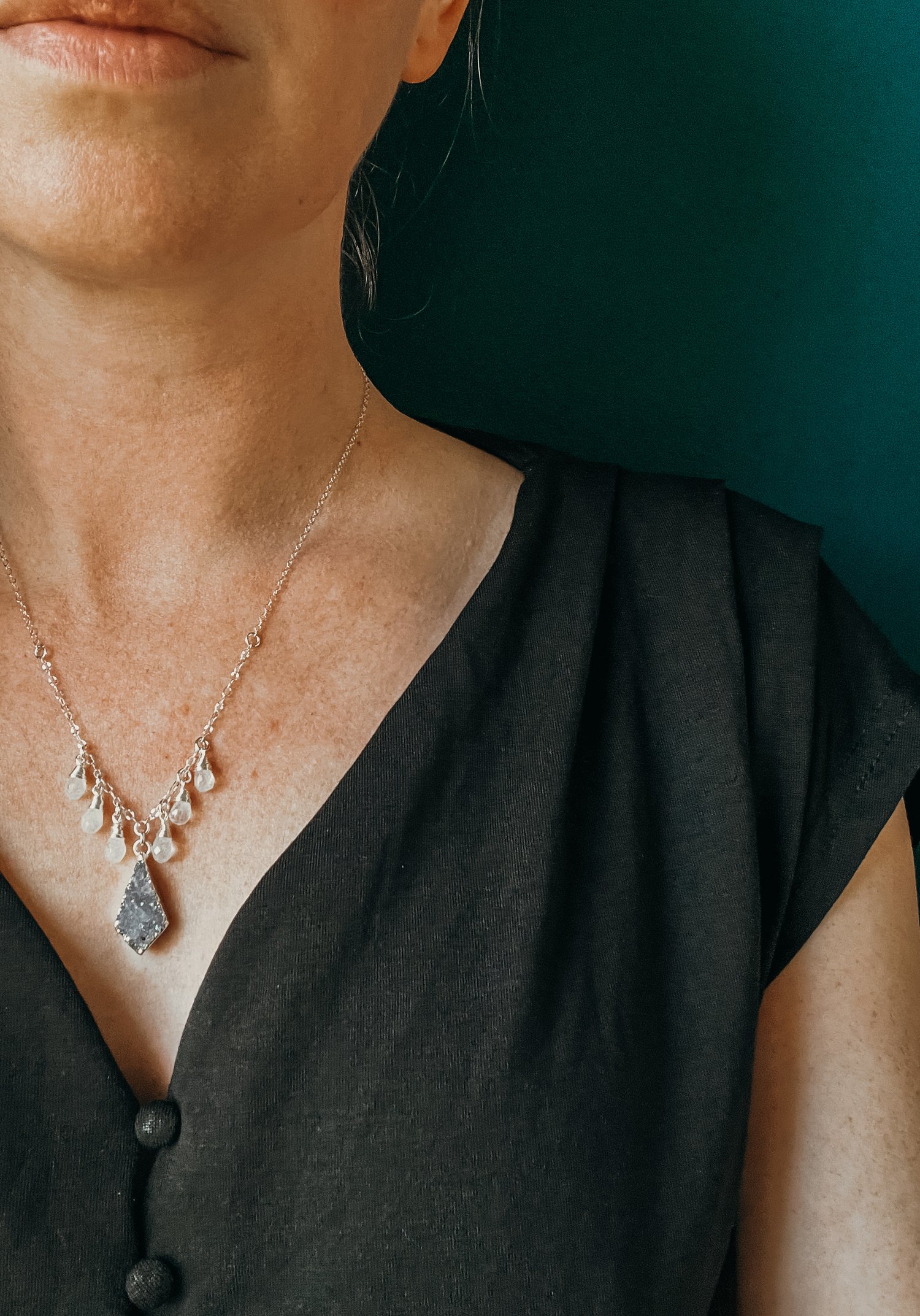Image of Druzy and Rainbow moonstone Drops Necklace on Sterling Silver