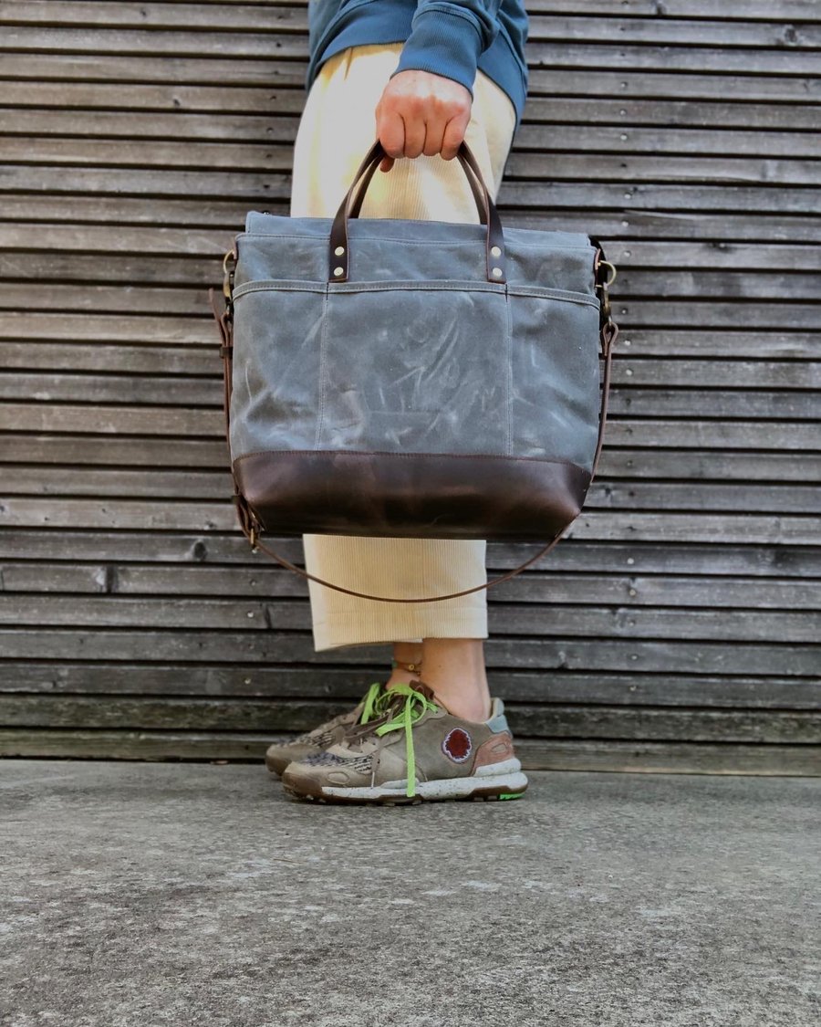 Image of Zipper tote bag made waxed canvas tote bag with luggage handle attachment 