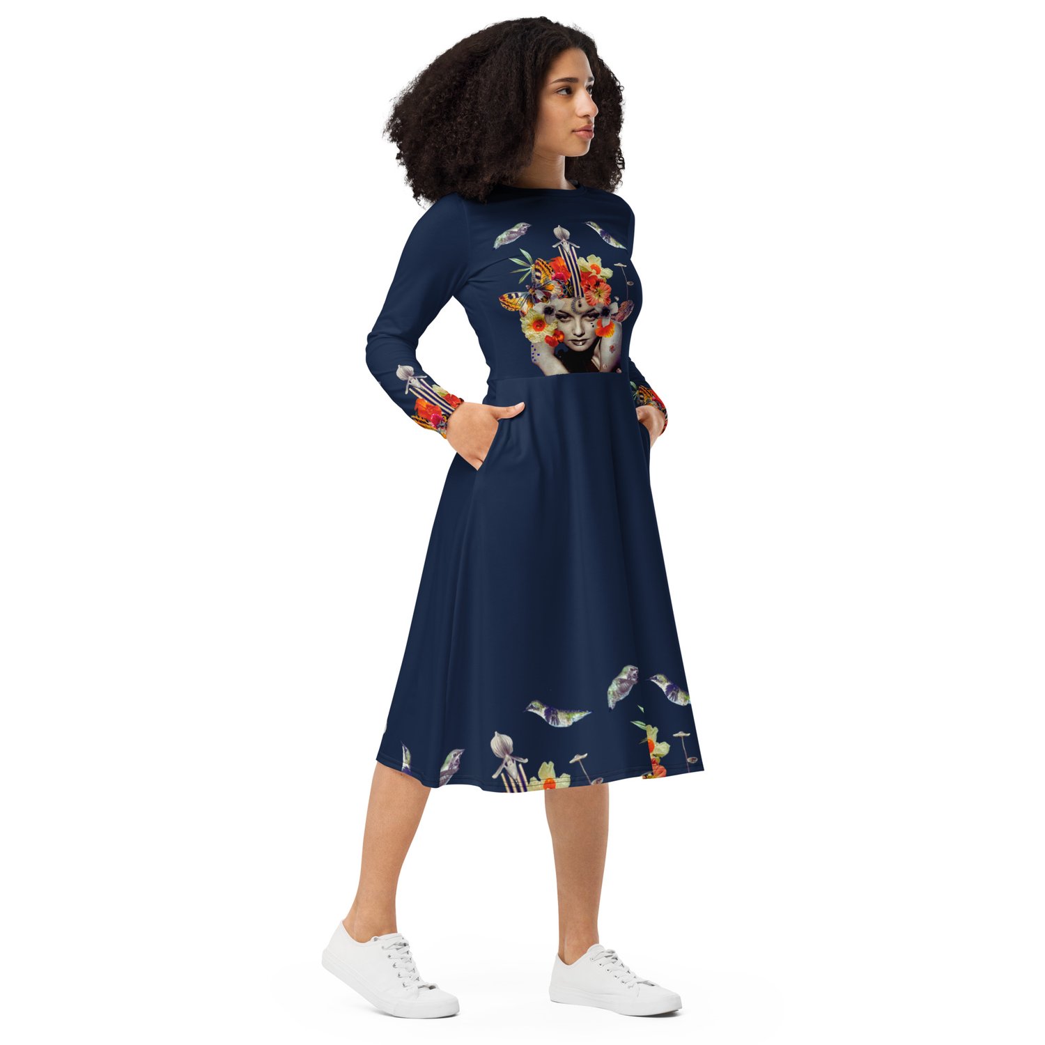 Image of Rhythm of the Moon - Navy - All Over Print - Long Sleeve Dress With Pockets
