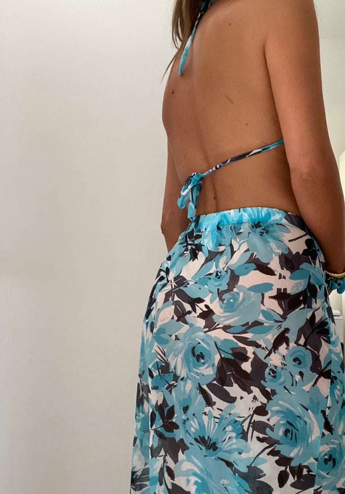 Image of Blue Floral Mesh Backless Hanky Top with Scrunchie 