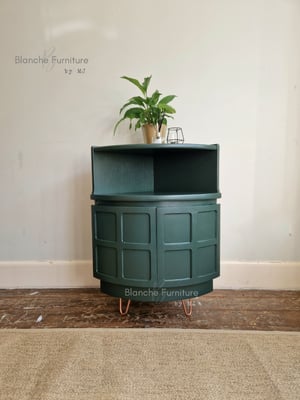 Image of Nathan Corner Drinks Cabinet in Bottle Green with Copper legs