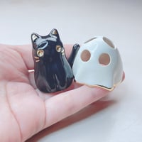 Image 4 of Black Cat With Ghost Mask Ceramic Figurine #1