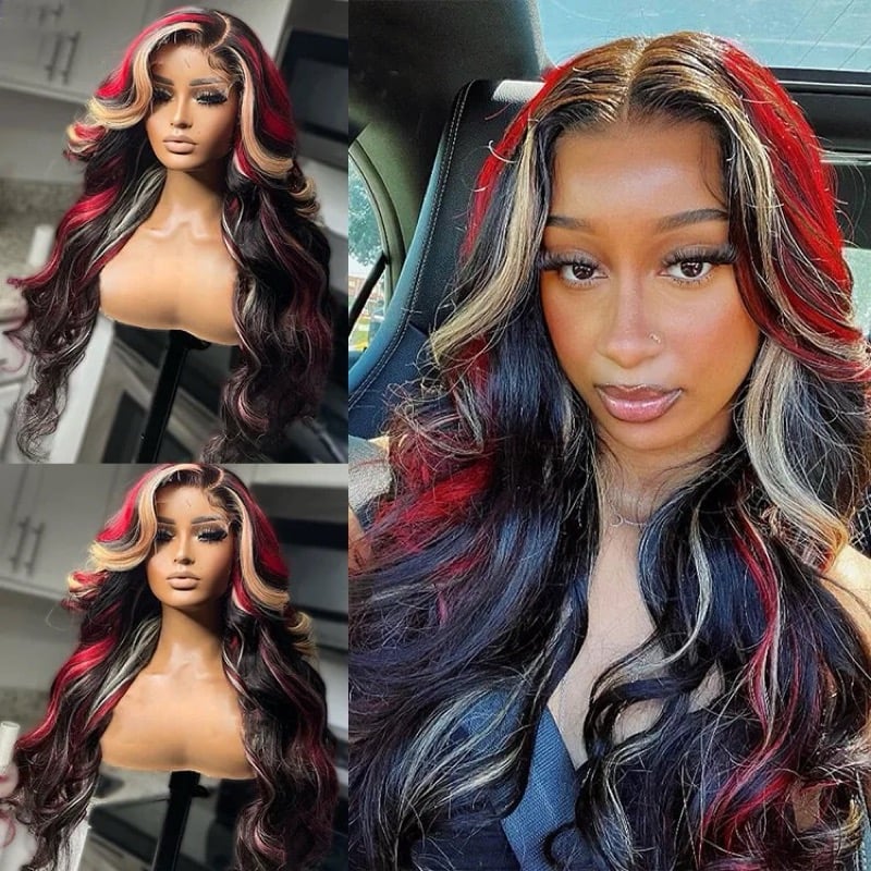 Image of Glueless 180% density Highlight Blonde Red 13X4 Body Wave Lace Front Wig Human Hair Pre Plucked 