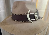 Image 1 of Handmade Tan Panama Hat Stone & Feather Band