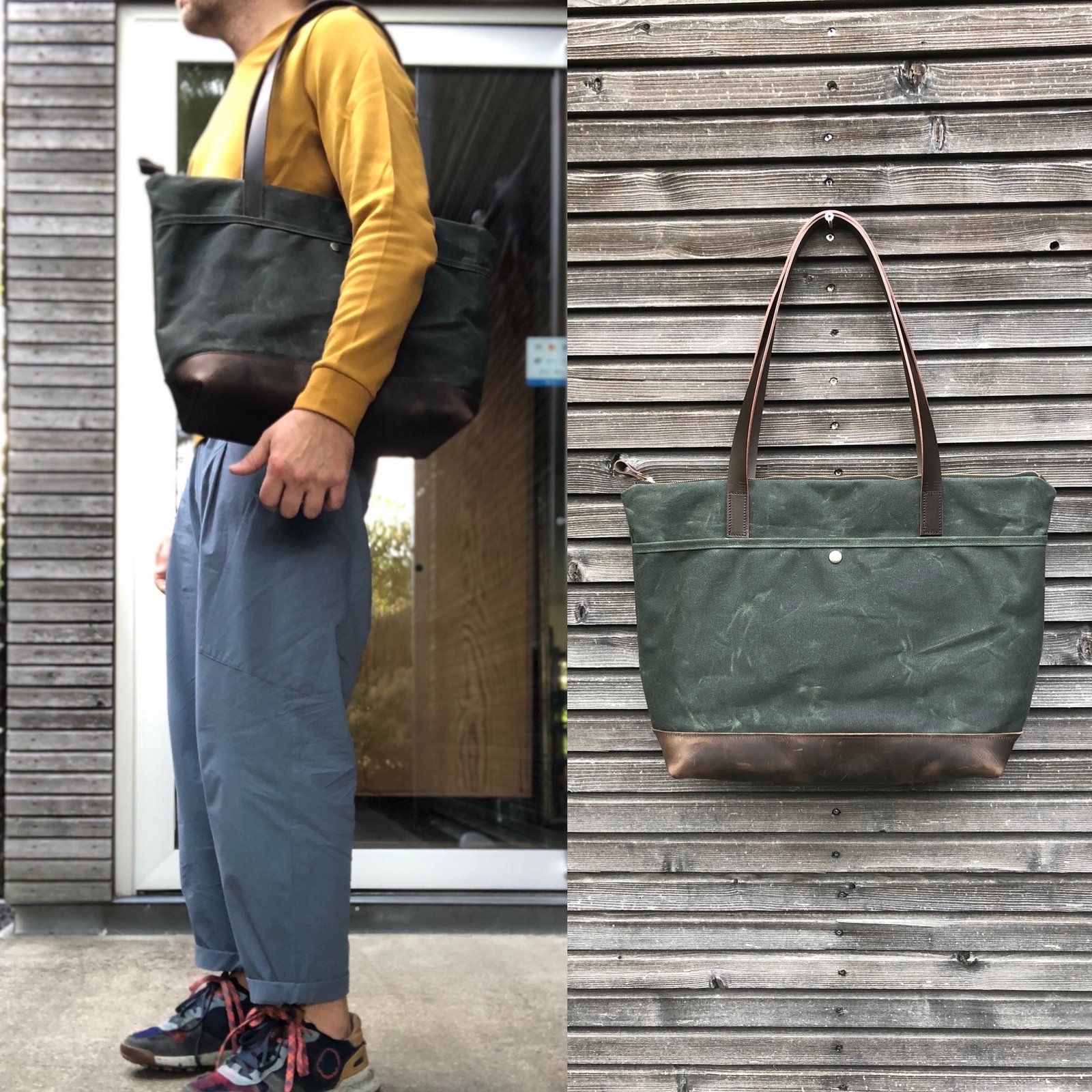 XL waxed canvas tote bag with leather handles and bottom / canvas market  bag / laptop bag COLLECTION