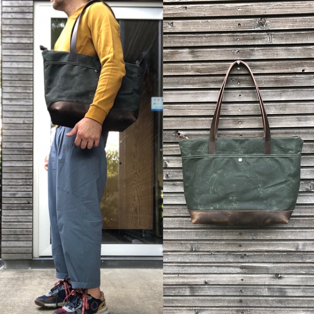 Image of XL waxed canvas tote bag with leather handles and bottom / canvas market bag / laptop bag COLLECTION