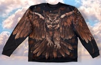 Image 1 of “GREATEST HORNED OWL” CUSTOM BLEACH PAINTES PULLOVER SWEATER XL