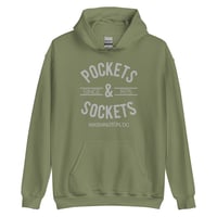 Image 3 of "POCKETS & SOCKETS" - Since 1975 (DC Utility Mark) Dark Unisex Hoodie -Gray Text (see color options)