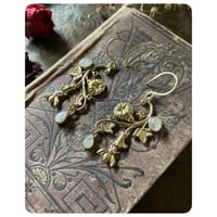 Image 1 of Morning Glory Vine Honey Bee and Moonstone Solid Brass Earrings