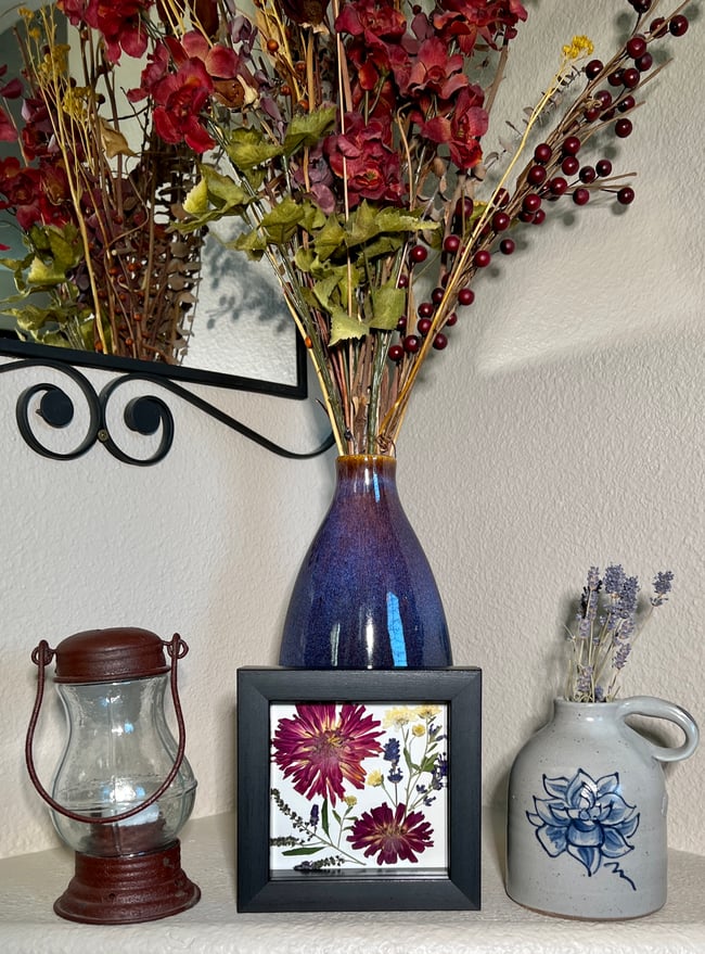 Zinnia, Mum, Lavender & Butterfly Bush - Wildflower Art In 6" X 6" Shadow Box (Item# 202303S)