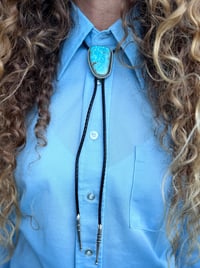 Image 3 of Large Kingman w/Pyrite Turquoise Bolo Tie w/ Handmade Sterling Silver Tips