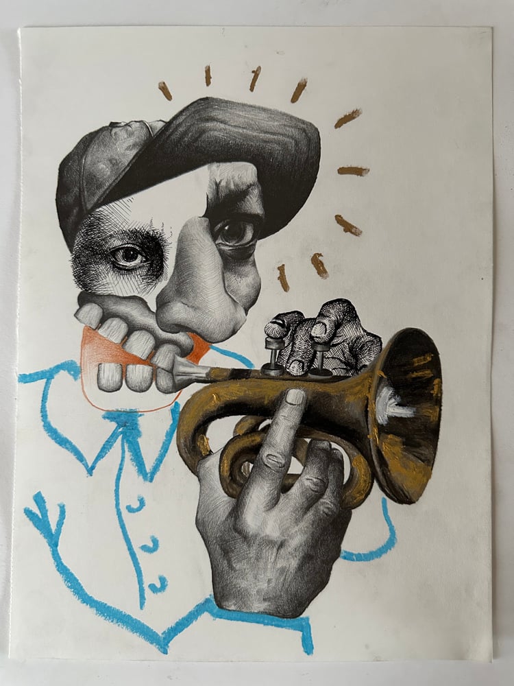 Image of “DEENER ON THE TRUMPET” drawing