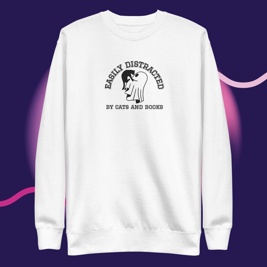 Image of Easily distracted by cats and books ghost & kitty embroidery Unisex Premium Sweatshirt