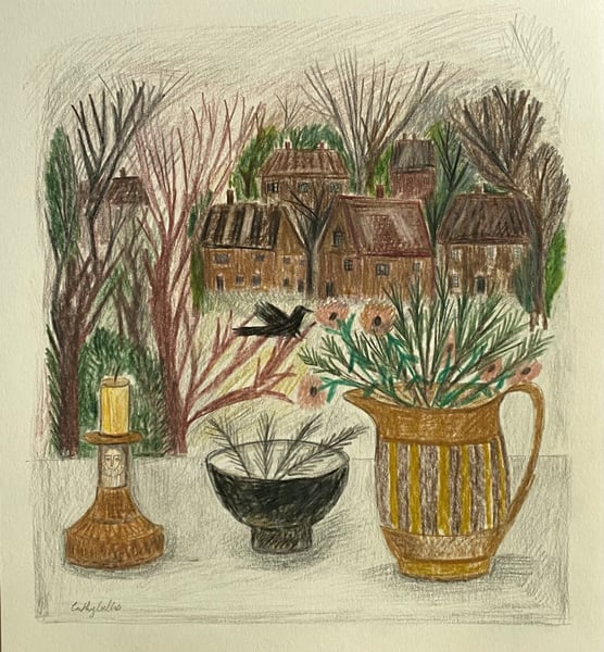 Image of Window in winter with jug and candlestick - original drawing 