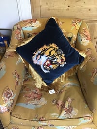 Image 12 of blue or pink  cotton velvet with embroidered tiger patch and gold fringing
