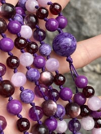 Image 1 of Mixed Purple Gemstone Mala, Gem Lepidolite Amethyst Charoite Phosphosiderite Kunzite Purple Garnet