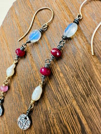 Image 4 of rainbow moonstone and ruby earrings in 14k gold and sterling silver