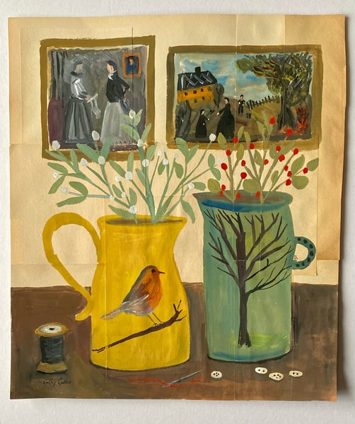 Image of Still life with yellow robin redbreast jug - book page painting 