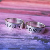 Image 4 of Personalised silver name ring with star and moon. Celestial silver 925 stamped word ring.