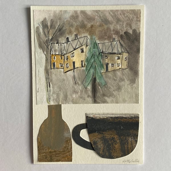 Image of Winter landscape with black cup - mixed media artwork 