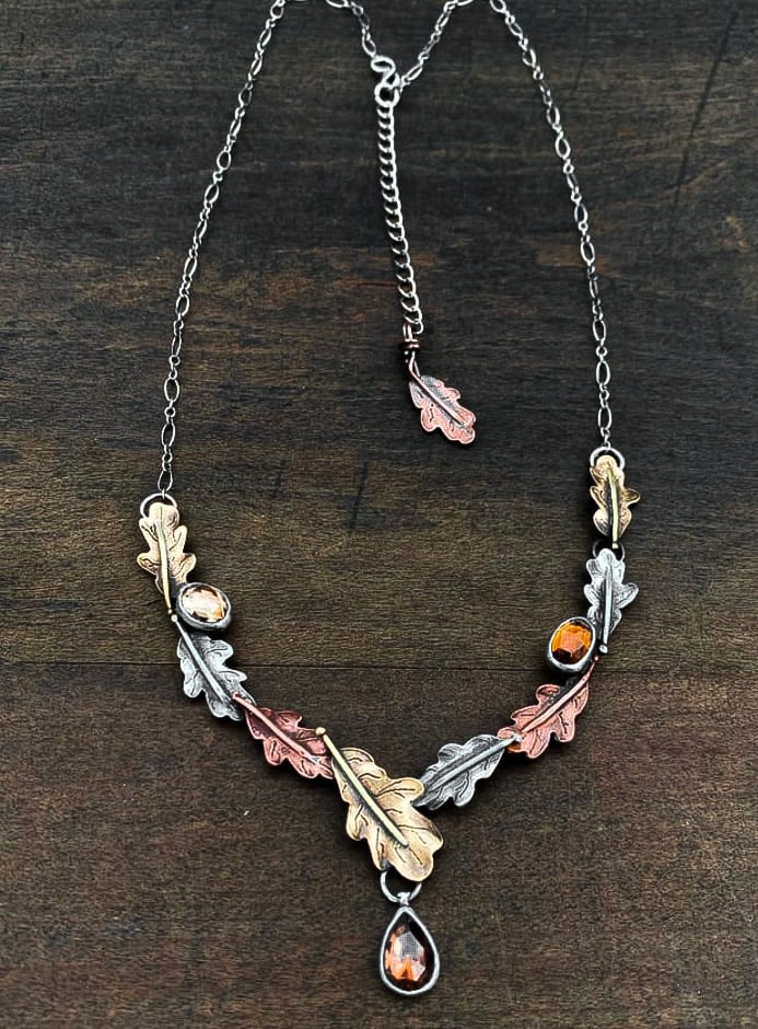Image of Oregon White Oak Leaf Mixed Metal Zircon Necklace