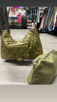 Image 2 of Army green puff shoulder handbag with matching pouch set