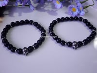 Image 2 of Gothic Men Black Onyx Skull  Bracelet/ Beaded Skull Stretch Bracelet