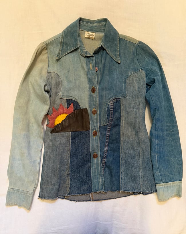 1970s denim patchwork and leather mountain magic hippie bohemian snap shirt jacket