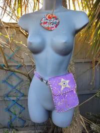 Image 4 of Woodstock cross body/ passport bag -Purple with gold and peach star