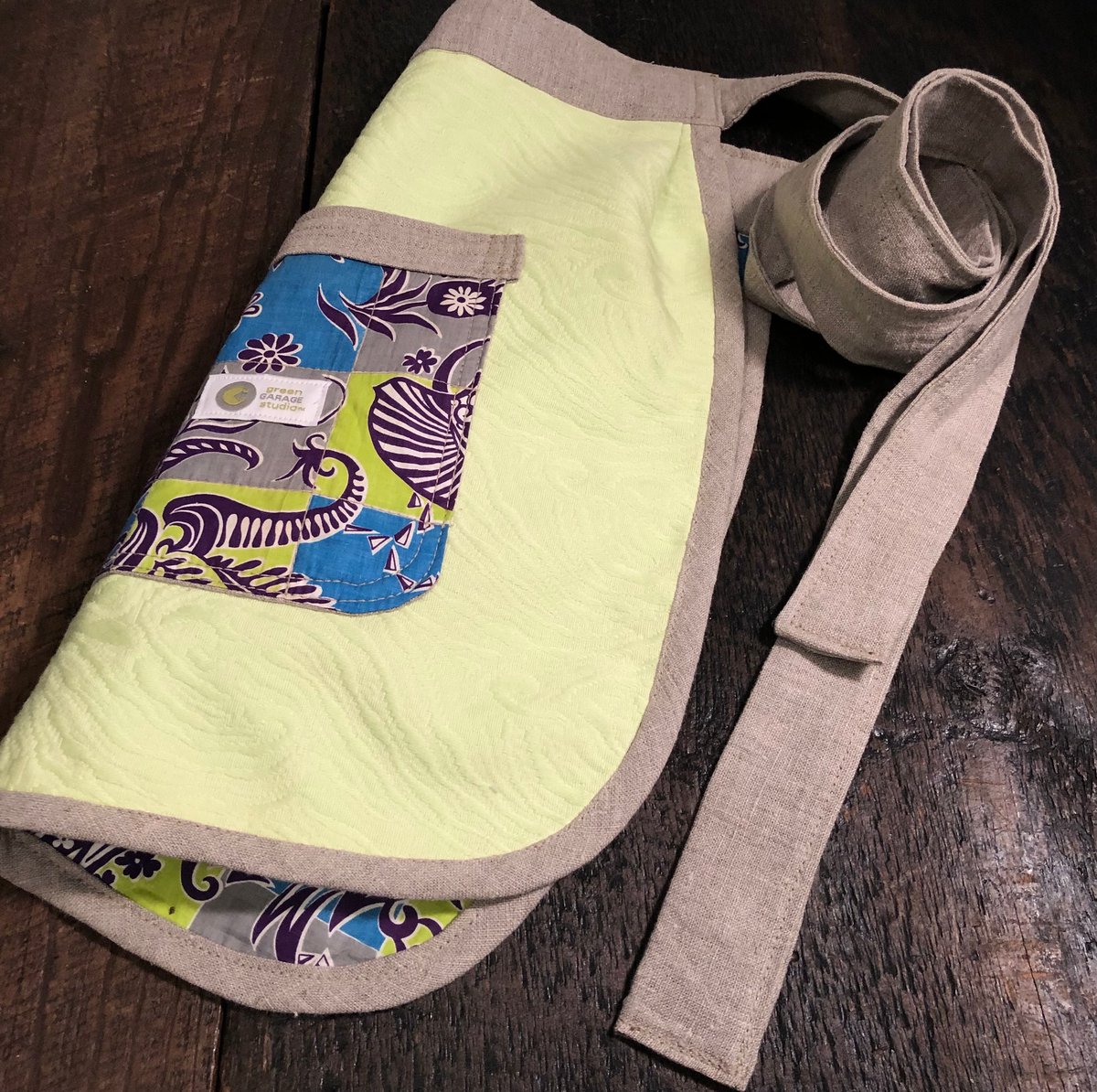 Happy Host Apron | Vintage Couture | Aqua Chartreuse Mod Check Print Cotton. European Linen Ties