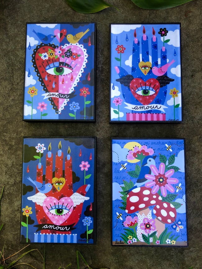 FREE SHIPPING !  Set of 4 Eye, Hand, Heart, Toadstool and Birds 3.5 x 5 Wood Blocks