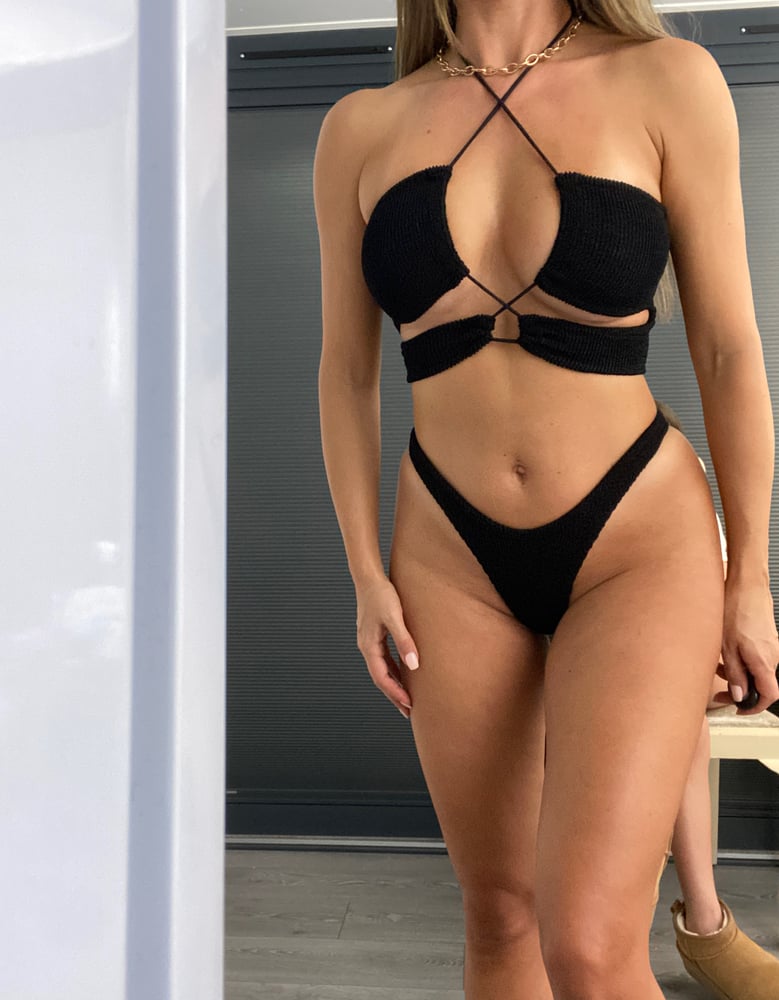 Image of Black Crinkle Cut Out Multi Way Tie Bikini 