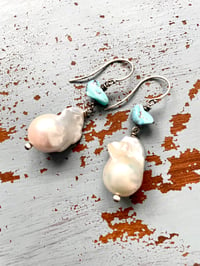 Image 5 of large baroque pearl and Golden Hills turquoise earrings