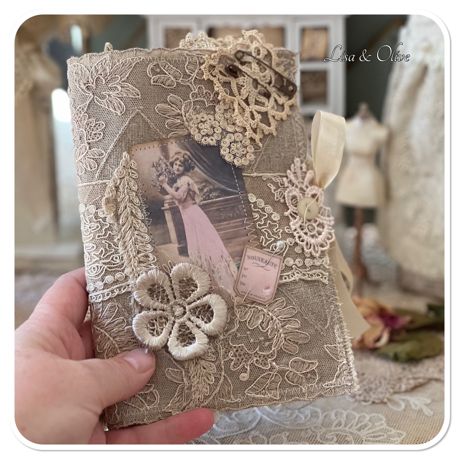 Reserved for A Handmade sewing notions lace sample book pink lady