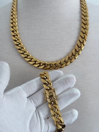 Image 1 of 18k Gold Plated Cuban Link Chain Bracelet Set, Stainless Steel 14mm