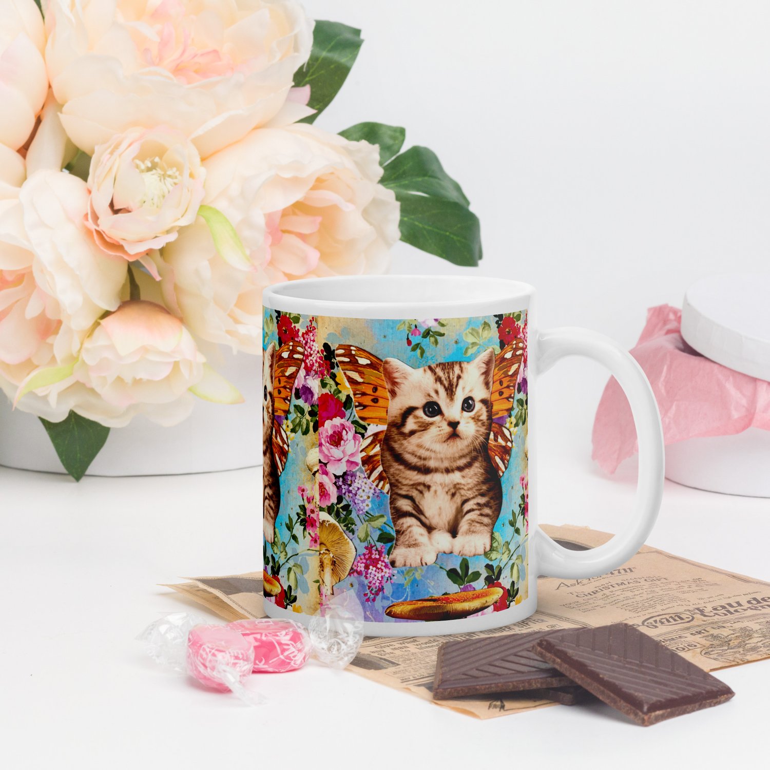 Image of Butterfly Mushroom Kitty - White Glossy Mug
