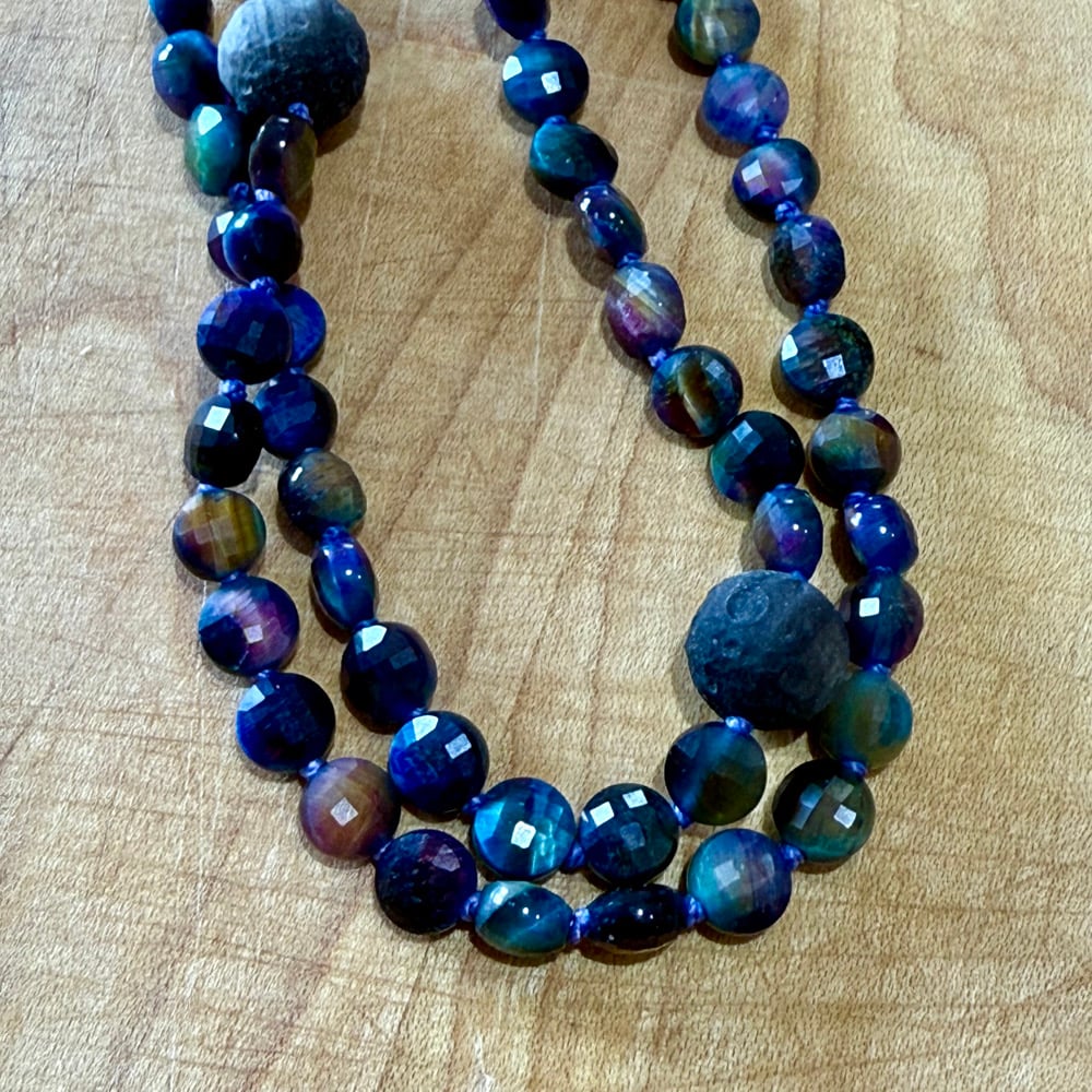 Image of Galaxy Tigers Eye & Natural Silver Obsidian Handcarved Meteorite Beaded Necklace