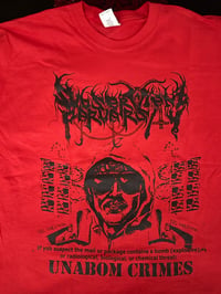 Image 1 of Subservient perversity- unabom crimes black on red t-shirt