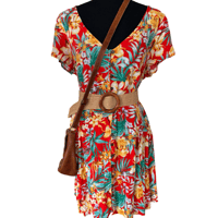 Image 1 of Red Floral Tropical V Neck Button Front Beach A Line Dress with Pockets- Size L - Resort 