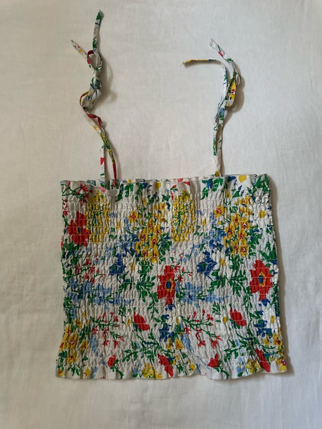 70s ruched floral shoulder tie top 