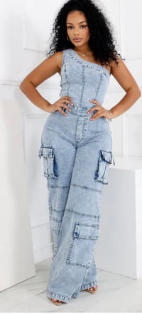 Image 1 of One Shoulder Denim Jumpsuit 