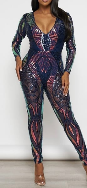 Image of SEQUIN FITTED LONG SLEEVE JUMPSUIT