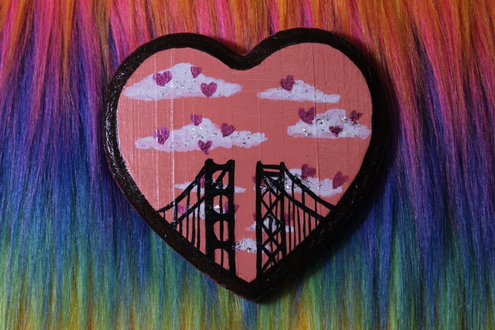 Image of Golden Gate & Bay Bridge Pink Wood Heart 