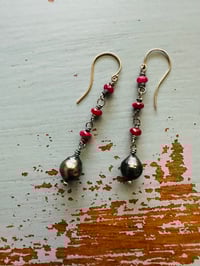 Image 10 of ruby and Tahitian pearl dangle earrings by peacesofindigo