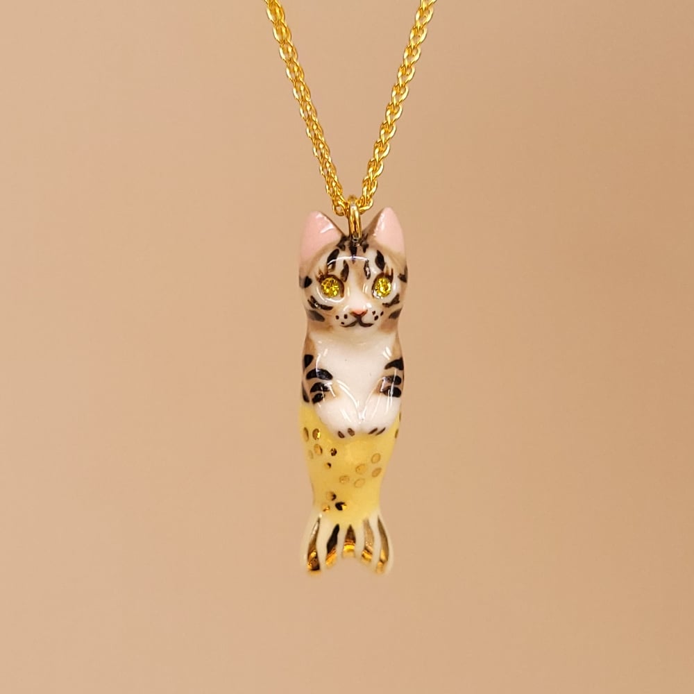 Image of Brown Tabby Purrkitten Porcelain & Gold Vermeil Pendant